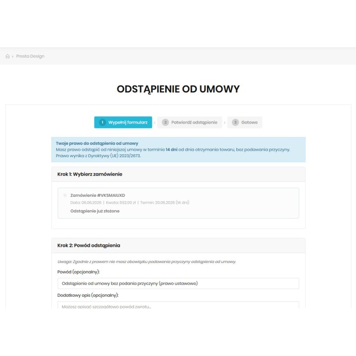 Modulo di recesso – direttiva 2023/2673 – modulo PrestaShop