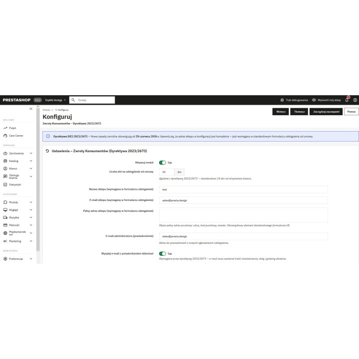 Formulaire de rétractation – directive 2023/2673 – module PrestaShop