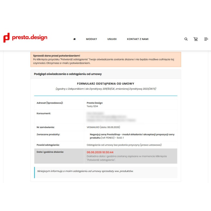Formulaire de rétractation – directive 2023/2673 – module PrestaShop