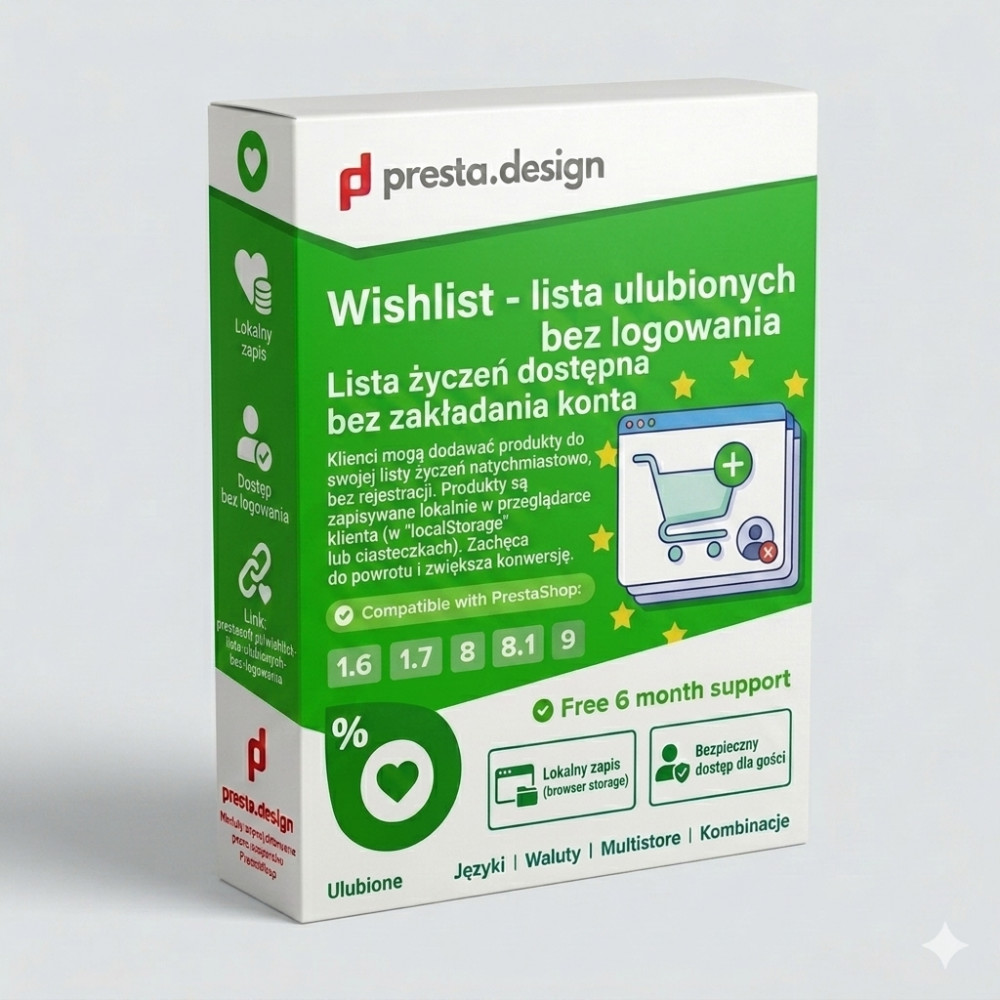 Wishlist - Lista ulubionych bez logowania dla PrestaShop Wishlist - Lista ulubionych bez logowania dla PrestaShop